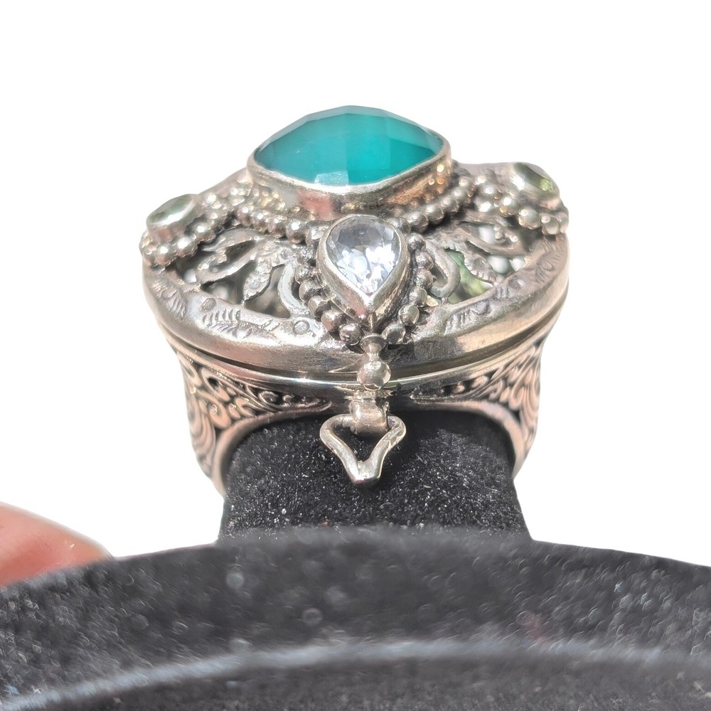Sarda Sterling Silver 925 Green Chalcedony Poison Locket Ring Size 6 Balinese - Picture 7 of 10